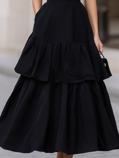 Black High Neck Tiered Ruffle A-Line Maxi Dress