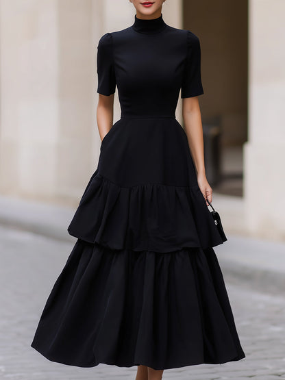 Black High Neck Tiered Ruffle A-Line Maxi Dress