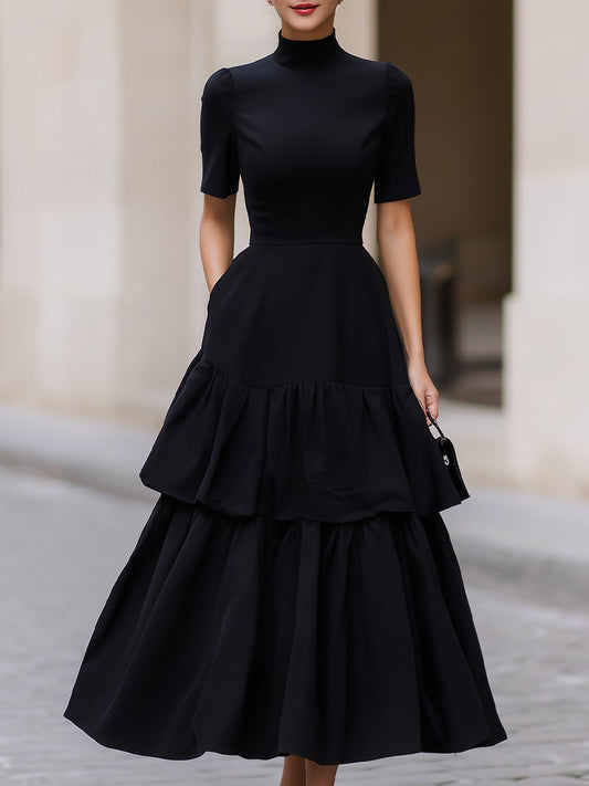 Black High Neck Tiered Ruffle A-Line Maxi Dress