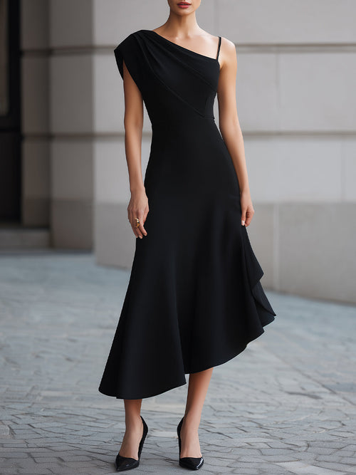Black One-Shoulder Draped Asymmetric Midi Dress