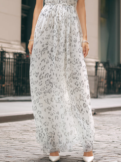 White & Gray Leopard Print Halter Maxi Dress