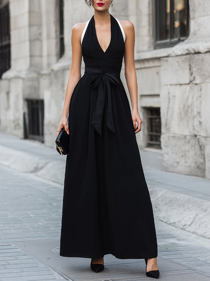 Black Contrast Strap Wrap Front A-Line Maxi Dress