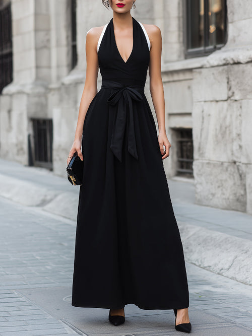 Black Contrast Strap Wrap Front A-Line Maxi Dress