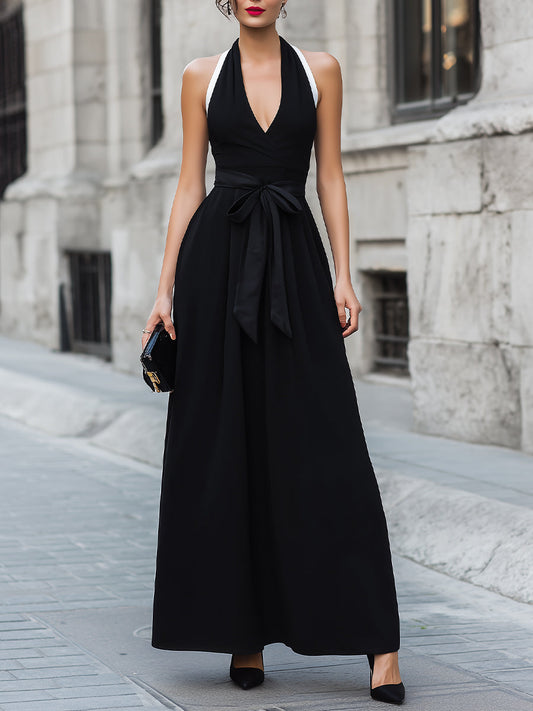 Black Contrast Strap Wrap Front A-Line Maxi Dress