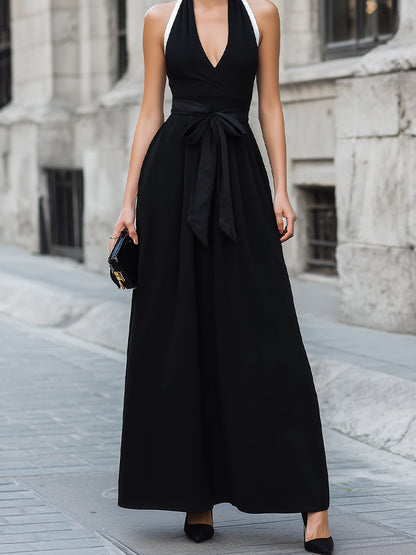 Black Contrast Strap Wrap Front A-Line Maxi Dress
