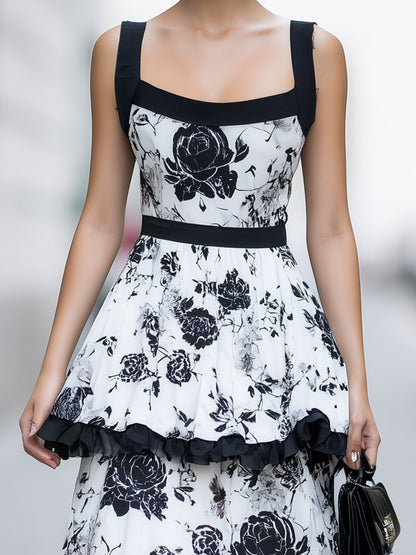 Black & White Floral Tiered Ruffle Maxi Dress