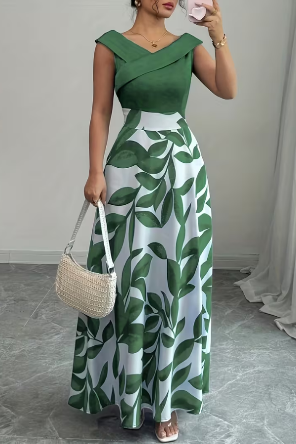Elegant V Neck Floral A Line Maxi Dress With Pockets