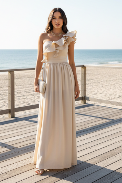 One-Shoulder Maxi Dress with Ruffle Slit