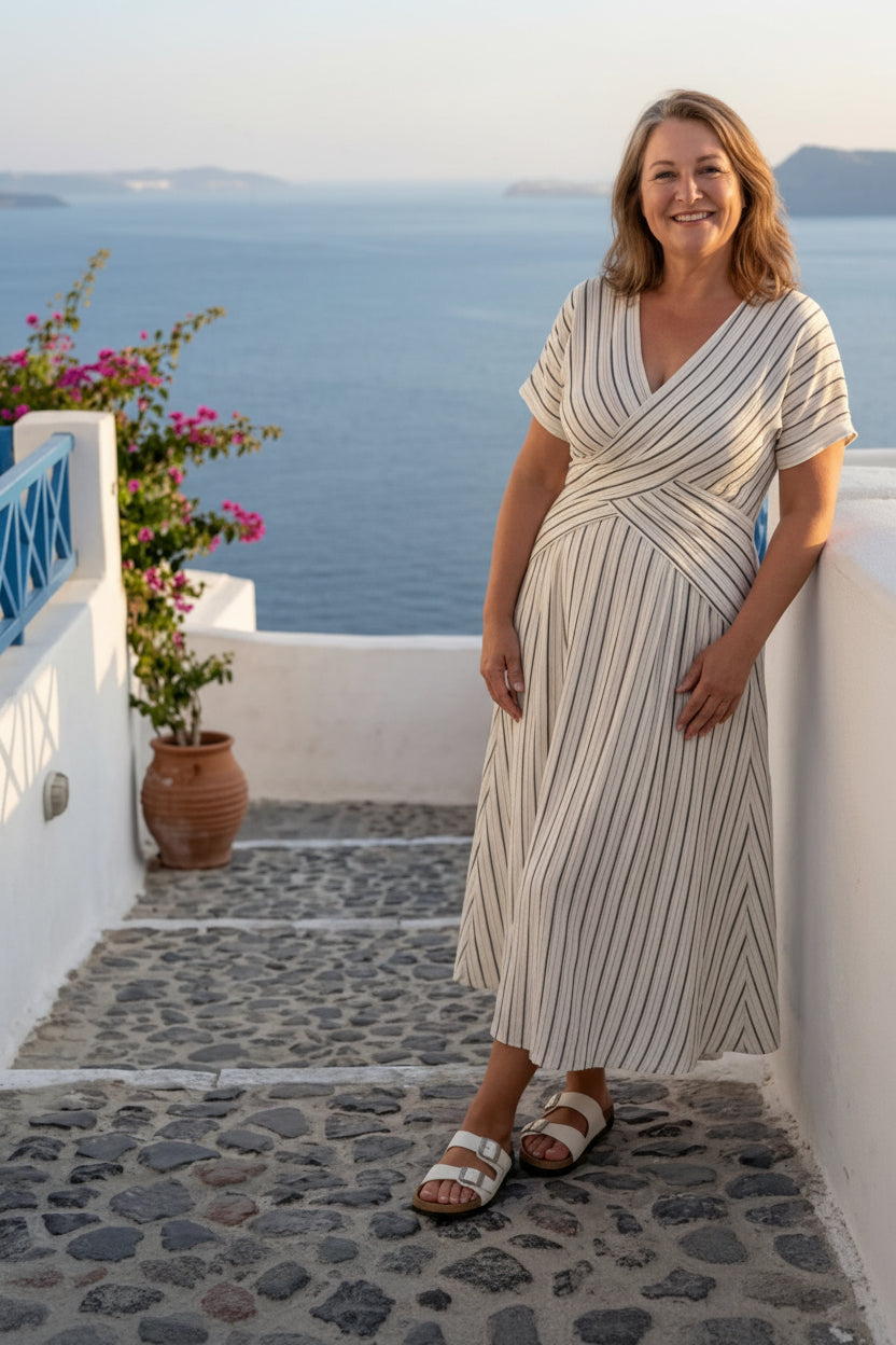 V-Neck Cross Waist Striped Midi Dress